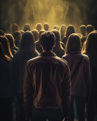An individual removed from a group of people standing in the distance with their back to others.
