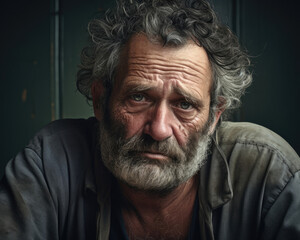 Fototapeta premium Portrait of a stout man looking into the camera with embarrassment and regret.