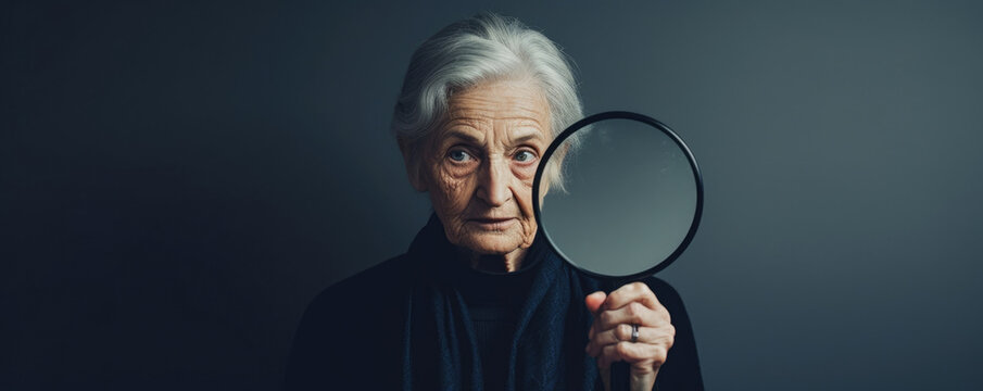 An Elderly Woman Holding A Magnifying Mirror To Examine Her Rosaceacovered .