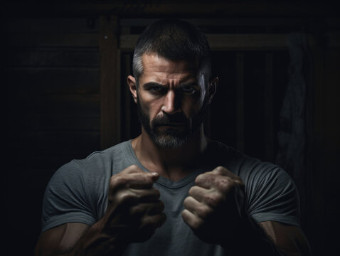 A man standing in a darkened room his fists clenched and his eyes glaring daggers at the camera.