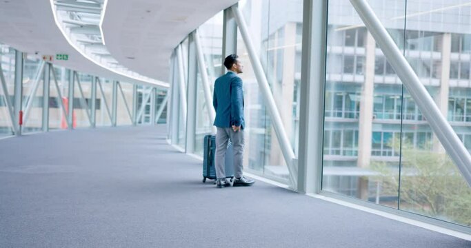 Airport, walking and business man watch airplane, bridge view or flight travel for global transport service. Luggage, plane departure and back of professional person thinking of new city opportunity