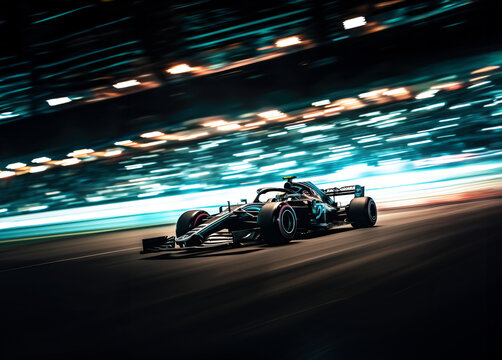 Colourful neon race car on the race track, Formula 1 at night competing at high speed in motion blur, light trails