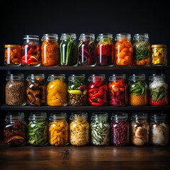 Fototapeta na wymiar Shelves with vibrant colorful jars of food and spices. Generative AI. 