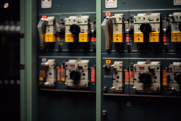 Macro view of switchgear equipment with illuminated indicators and warning signs