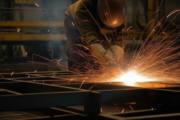 Macro shot of enclosures with sparks flying during a welding process in a metal fabrication factory