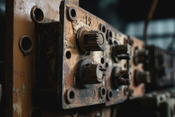 Macro shot of old and rusty circuit breakers in an abandoned factory with cobwebs and dust