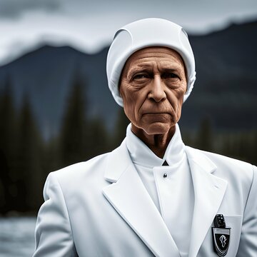 Anci&atilde;o de terno e gorro branco