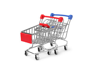 Empty mini metal shopping carts on white background