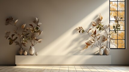 3d White wall background display with shawdow leaves overlay on Beige floor room,Transparent soft light fo branches leaf,Concept for Organic Cosmetic product presentation,Sale