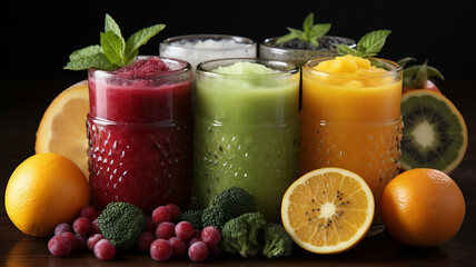 fresh fruit juices in glasses with fruits and berries