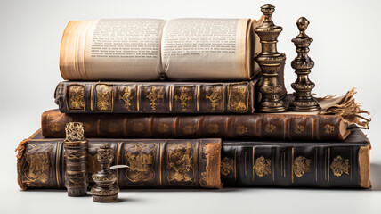 composition of dried old books and vintage glass with dry dry leaves