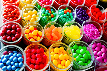Fototapeta na wymiar Candy store with jars full of colorful sweets. Colorful jelly candies top view