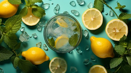 Creative summer composition with lemon slice, mint leaves, can of soda and ice cubes. Minimal lemonade drink concept