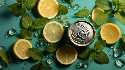 Creative summer composition with lemon slice, mint leaves, can of soda and ice cubes. Minimal lemonade drink concept