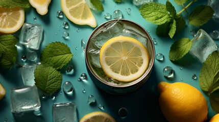 Creative summer composition with lemon slice, mint leaves, can of soda and ice cubes. Minimal lemonade drink concept