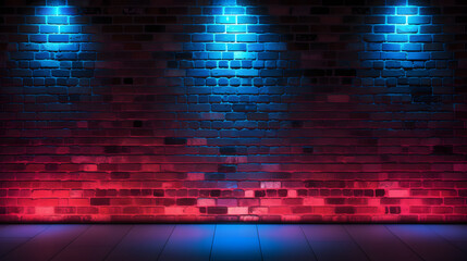 Fototapeta Neon light on brick walls that are not plastered background and texture. Lighting effect red and blue neon background
 obraz