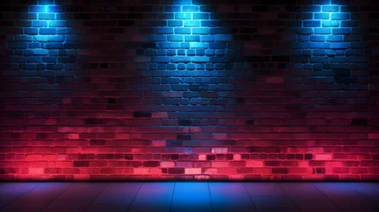 Foto op Plexiglas Betonbehang Neon light on brick walls that are not plastered background and texture. Lighting effect red and blue neon background 