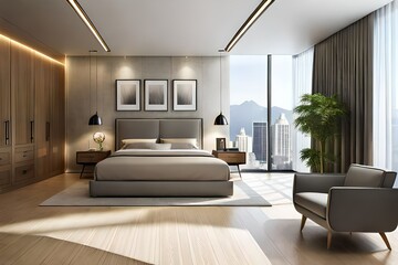 Stylish room interior with big comfortable bed