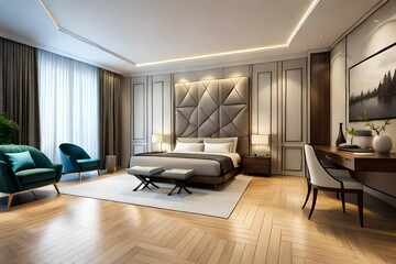 Fototapeta na wymiar Stylish room interior with big comfortable bed. 3d rendering