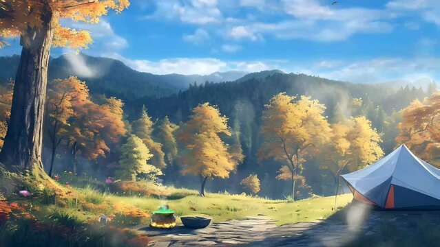 Beautiful fantasy nature landscape background with setting up tent for camping. Anime cartoon painting style illustration. Seamless animated 4K video of virtual scenes.