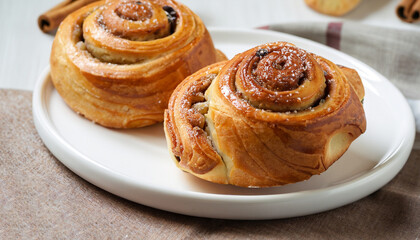 Food, pastry, baking. homemade snail buns with sugar and cinnamon on white plate