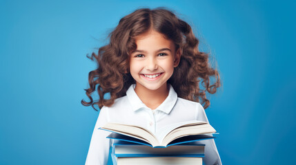 Funny smiling child school girl with books, blue background