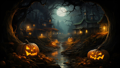 Halloween background with Spooky pumpkins around haunted houses 