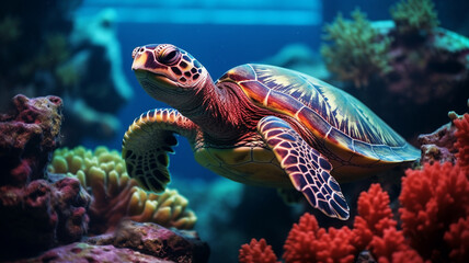 Fototapeta na wymiar Coral reef with wild sea turtle and fish, tropical ocean underwater life, generative AI.