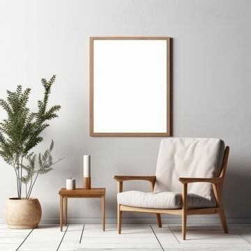Interior of modern living room with gray chair and blank portrait. Created using generative AI