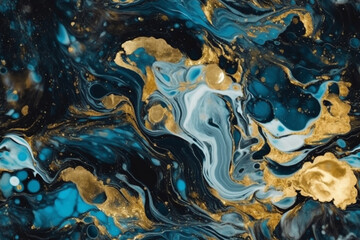 Seamless pattern with blue and gold marble. Decorative acrylic paint pouring rock marble texture.