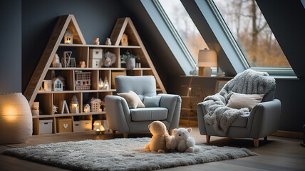 children 's room interior with wooden toy and fireplace