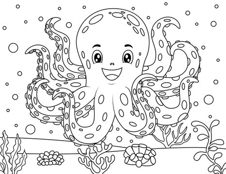 Coloring book or page for kids. Octopus black and white vector illustration. doodle style
