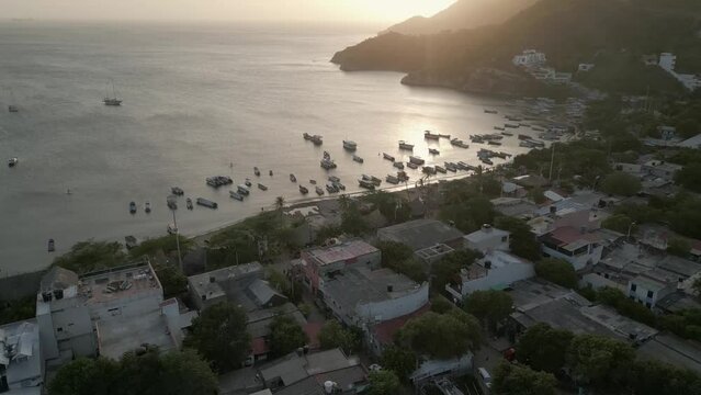 Aerial of Taganga Santa Marta Colombia fisherman Village Tayrona Natural National Park  Caribbean Sea