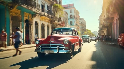 Foto op Plexiglas Havana a photo of a beautiful vintage retro red car on a sunny street in havana, cuba. car on road and people walking around street. old colorful buildings. desktop wallpaper background. 16:9 . Generative AI