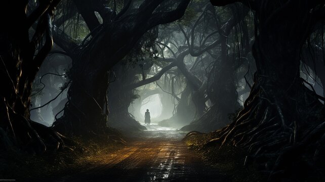 A mysterious black silhouette in a gloomy and dark forest thicket among twisted trees. High quality photo