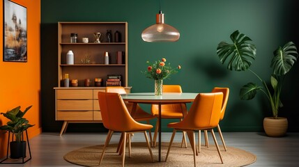 Green wallpaper and orange chair
