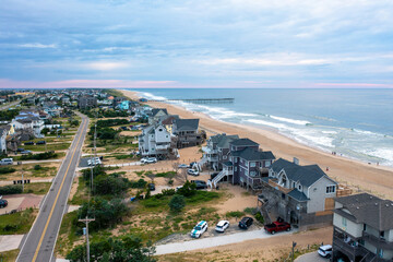 Aerial View of Avon North Carolina Looking Toward the Avon Pier in the Outer Banks with Large Beach...