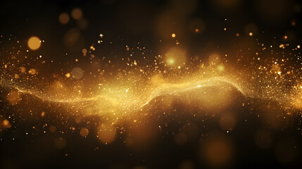 Digital gold particles wave and light abstract background with shining dots stars.