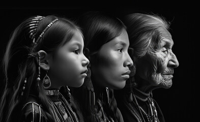 Side profile of three generations of Native American Indian women