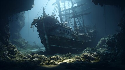 The ancient shipwreck, gracefully nestled upon the mysterious and serene ocean floor, stands as a captivating testament to history's embrace by time. 