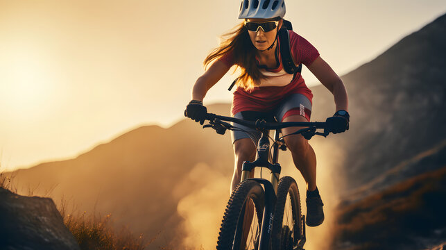 Female cyclist riding bicycle on mountain trail
