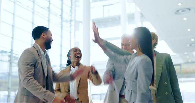 Business people, high five and collaboration applause, teamwork support or goals, success and celebration. Circle, corporate motivation and happy group of men and women with hands together of mission