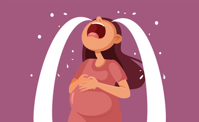 Very Emotional Pregnant Woman Crying from Hormones Vector Cartoon illustration. Unhappy girl feeling discomfort during her pregnancy 
