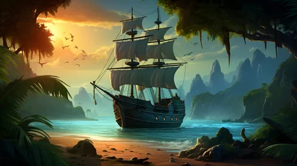 Papier peint photo Pirates Illustration Landscape with pirate ship.   © Clipart Collectors