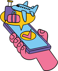 Hand holding smartphone for travel accommodation  payment, flat illustration