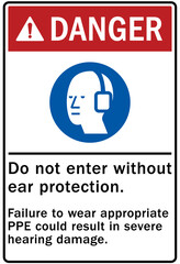 Ear protection area warning sign and labels do not enter without ear protection.  Failure to wear appropriate PPE could result in severe hearing damage