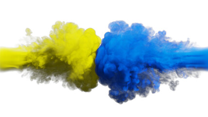 Fototapeta premium Puffs of yellow and blue smoke collide against a white background. 3d illustration. Ukrainian flag.