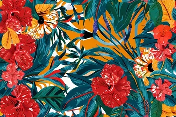 Zelfklevend Fotobehang pattern of the beauty of nature with a colorful hibiscus pattern in a whimsical and playful drawing style, featuring the exotic flowers in bold and striking designs generative AI © HumblePride
