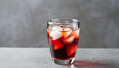 Glass of Americano Alcohol cocktail with red vermouth, bitter, soda water and ice cubes on grey background. Side view.