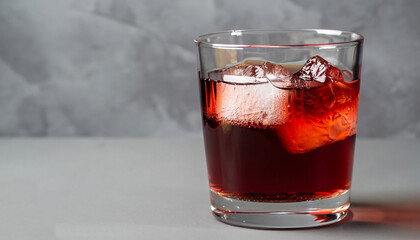 Glass of Americano Alcohol cocktail with red vermouth, bitter, soda water and ice cubes on grey...